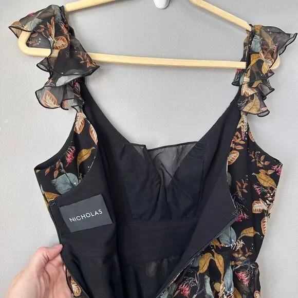 Nicholas Midi Dress US 6 Black Silk Romantic Asymmetric Floral Fairy Whimsygoth - Picture 4 of 10